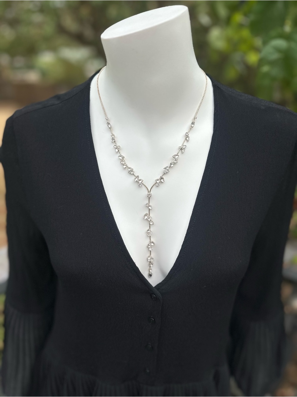 Delicate Gold Tone Y Necklace Dainty Crystal Drop Adjustable 17.5-20.5" | G-1782